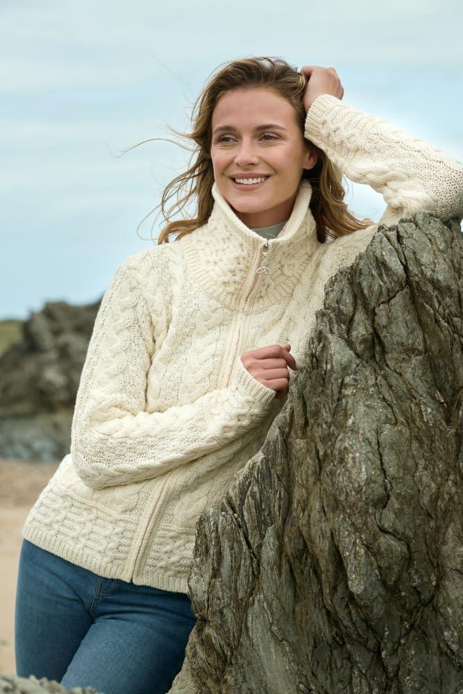 image:imageAran Crafts Irish Womens Double Collar Zip Cardigan 100 Merino WoolNatural