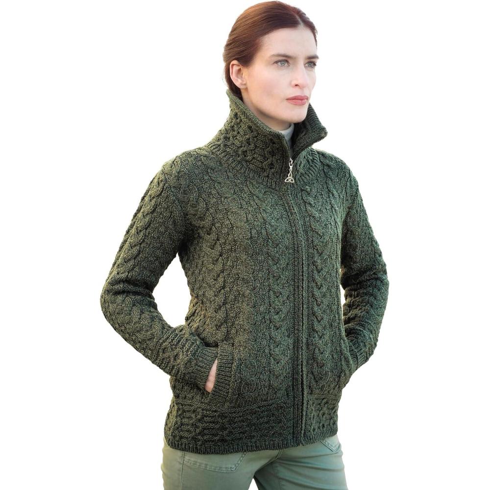 image:imageAran Crafts Irish Womens Double Collar Zip Cardigan 100 Merino WoolArmy Green