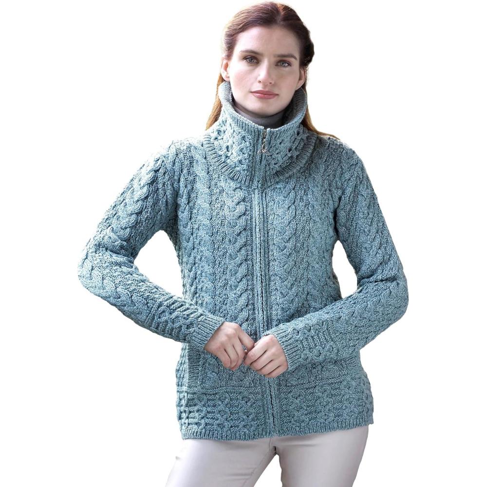 image:imageAran Crafts Irish Womens Double Collar Zip Cardigan 100 Merino WoolMermaid