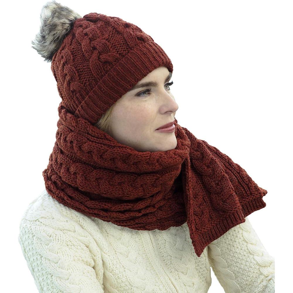 image:imageAran Crafts Womens Irish Cable Knitted Soft Pom Faux Fur Hat 100 Merino Wool