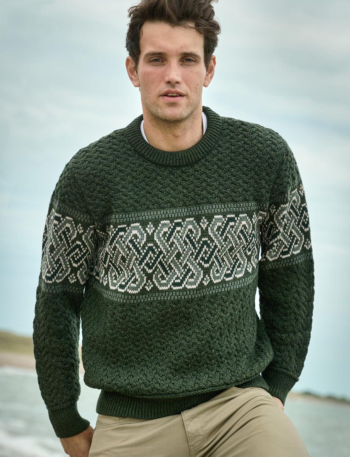 image:imageAran Crafts Unisex Jacquard Sweater 100 Merino Wool Made in IrelandArmy Green
