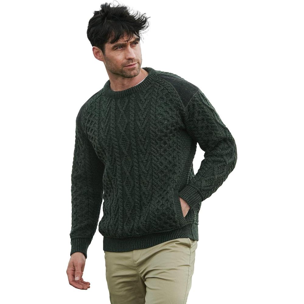 image:imageAran Crafts Mens Irish Cable Knitted Crew Neck with Tweed 100 Merino WoolArmy Green