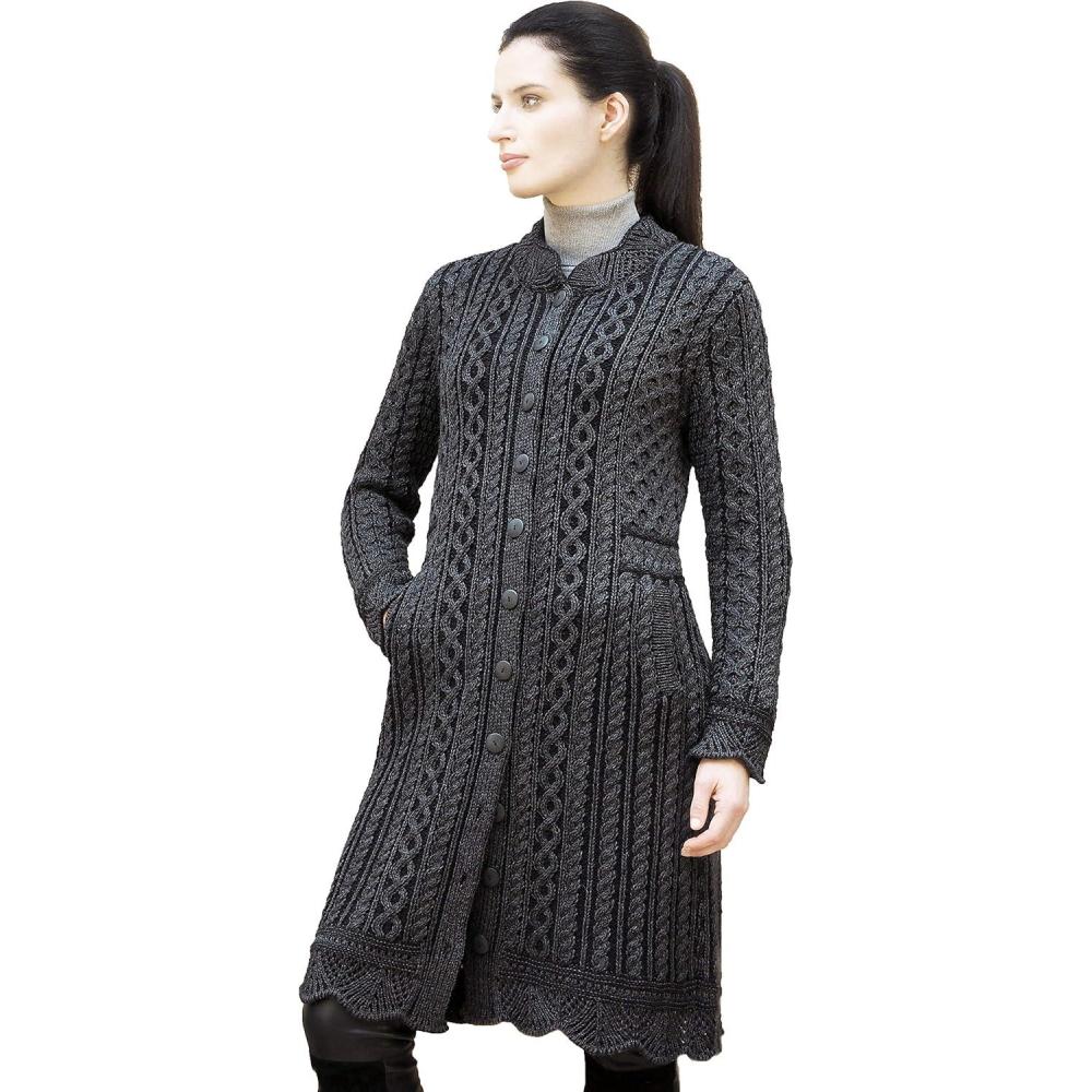 image:imageAran Crafts Womens Cable Knit Long Button Cardigan Coat 100 Merino WoolCharcoalBlack Mix