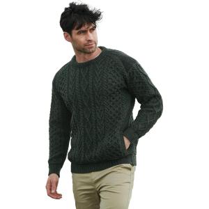 Aran Crafts Men’s Irish Cable Knitted Crew Neck with Tweed (100% Merino Wool)(Army Green)