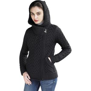 Aran Crafts Women’s Cable Knit Comfortable Side Zip Hoodie (100% Merino Wool)(Black)