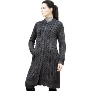 Aran Crafts Women’s Cable Knit Long Button Cardigan Coat (100% Merino Wool)(Charcoal/Black Mix)