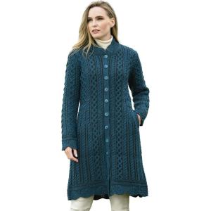 Aran Crafts Women’s Cable Knit Long Button Cardigan Coat (100% Merino Wool)(Mallard Mix)