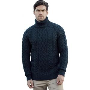 Aran Crafts Irish Mens Polo Neck Sweater, 100% Wool (R1587)(Blackwatch)