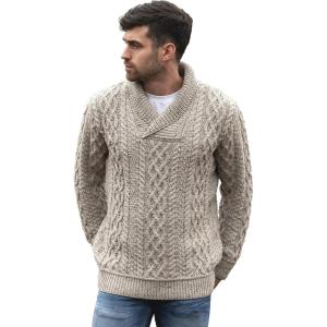 Aran Crafts Men’s Soft Irish Cable Knit Shawl Collar Sweater (100% Merino Wool)(Oatmeal)