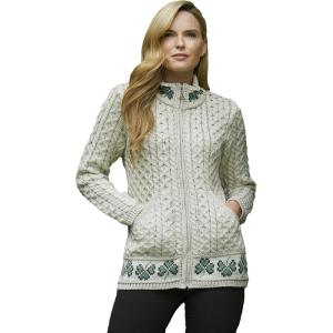 Aran Crafts Women’s Cable Knit Soft Shamrock Zip Cardigan (100% Merino Wool)(Natural)